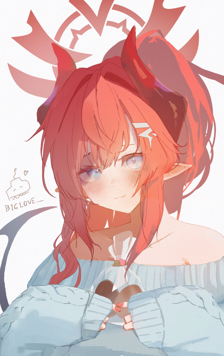 1girl :3 alternate_costume blue_archive blue_eyes blush chocolate demon_girl demon_horns food hair_between_eyes highres holding holding_chocolate holding_food horns long_hair looking_at_viewer megu_(blue_archive) norio_(norio386) pointy_ears ponytail red_hair red_nails shirt sidelocks sleeves_past_wrists smile strapless strapless_shirt sweater white_sweater