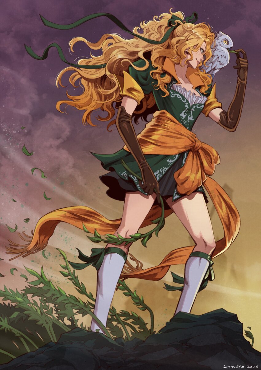 1girl absurdres bird blonde_hair blue_eyes bow breasts castlevania:_symphony_of_the_night castlevania_(series) danusko full_body gloves goth_fashion hair_bow hair_ribbon highres long_hair maria_renard owl ribbon smile smirk very_long_hair