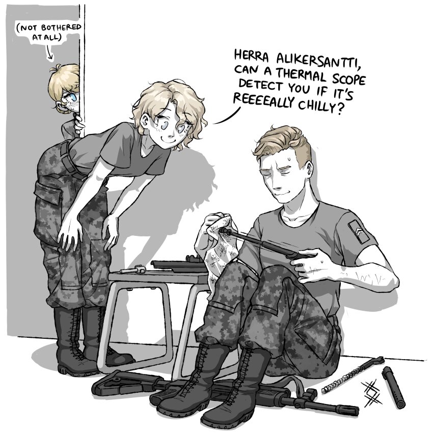 1boy 2girls aada_heikkala absurdres assault_rifle cleaning cleaning_gun cleaning_weapon cloth english_text gun hiding highres looking_at_another m16 military military_uniform multiple_girls original ostwindprojekt rifle seno_lepo stool weapon