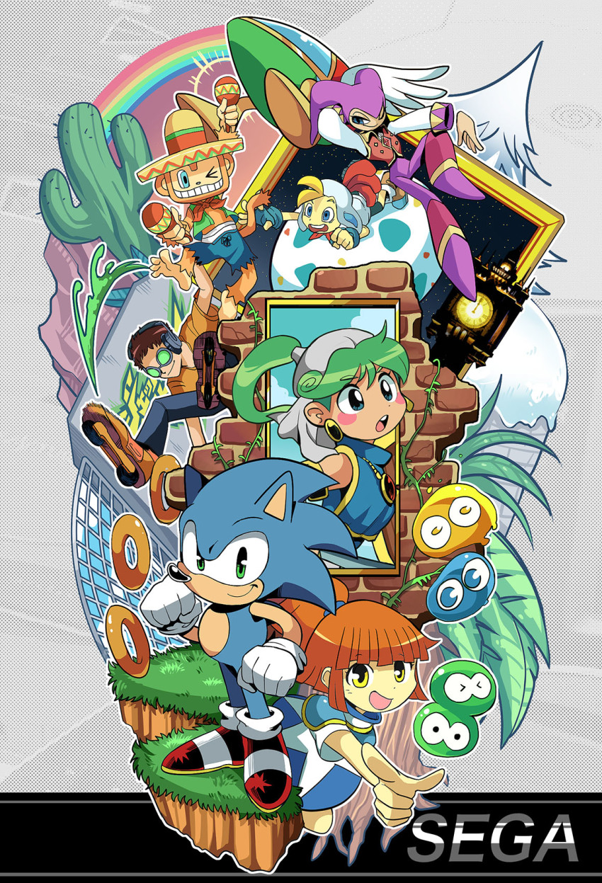 amigo animal_hood arle_nadja asha_(monster_world) beat_(jsr) billy_hatcher billy_hatcher_and_the_giant_egg blush_stickers brown_hair cactus closed_mouth company_connection crossover gloves green_eyes green_hair grin hat highres hood jet_set_radio monster_world monster_world_iv multiple_boys multiple_crossover multiple_girls nights_(character) nights_into_dreams opa-opa open_mouth orange_hair ponytail puyopuyo red_footwear rooster_hood samba_de_amigo sega smile snow sombrero sonic_the_hedgehog sonic_(series) tory_(tory29) tree white_gloves yellow_eyes