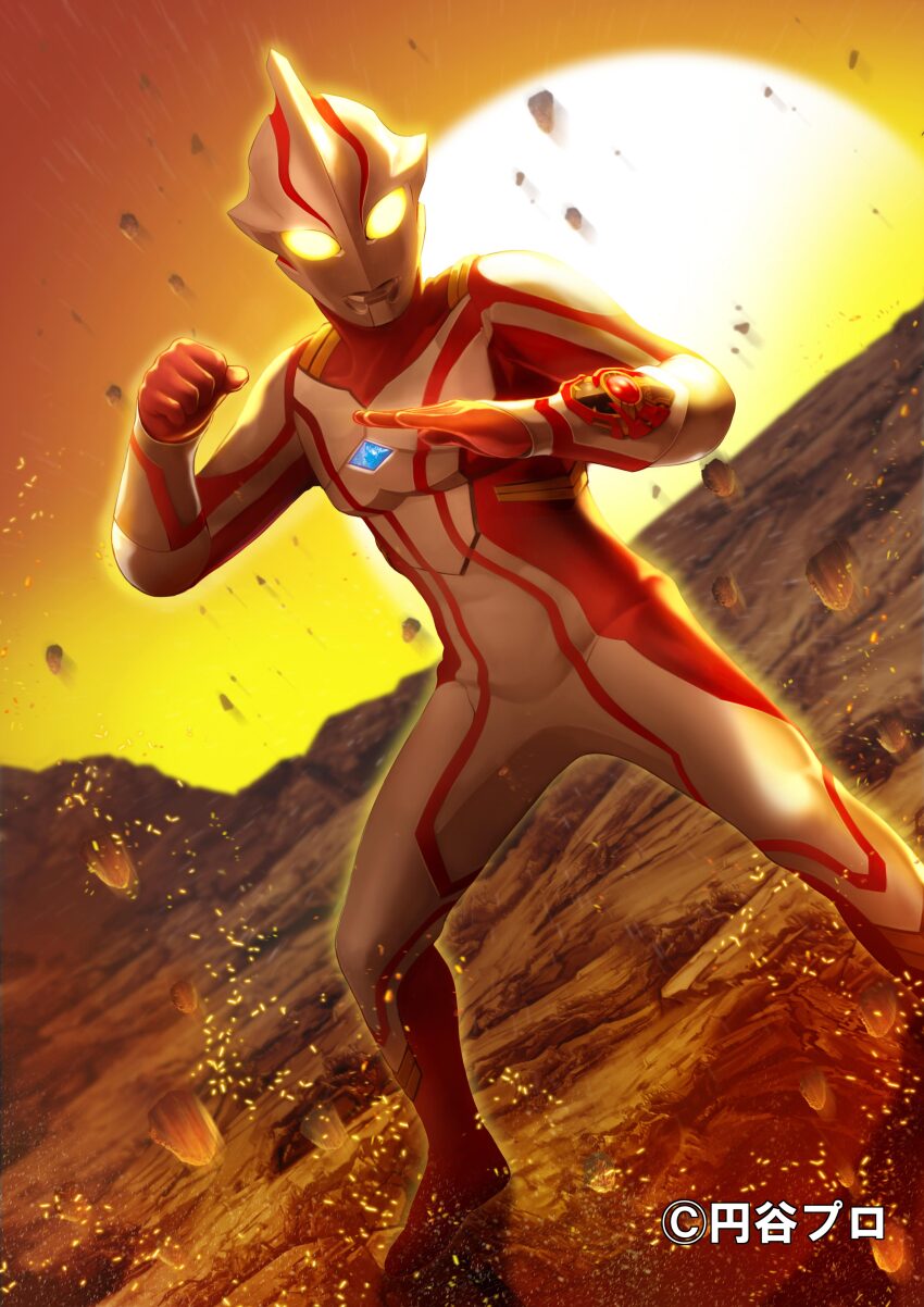 1boy absurdres alien armor breastplate canyon clenched_hand color_timer colored_skin commentary company_name compound_eyes copyright_notice dai-kaijuu_battle_ultra_ginga_densetsu_the_movie debris dorsal_fin dutch_angle feelone fighting_stance foot_out_of_frame glowing glowing_eyes gold_trim gradient_sky hands_up highres legs_apart light_particles looking_down male_focus mebius_brace multicolored_skin multicolored_sky muscular muscular_male orange_sky outdoors pectorals red_skin silver_skin sky solo standing sun sunset tokusatsu ultra_galaxy_(series) ultra_series ultraman_mebius ultraman_mebius_(series) vambraces wrinkled_skin yellow_eyes yellow_sky