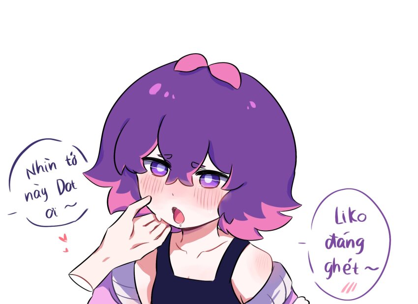 1girl black_tank_top blush collarbone commentary disembodied_hand dot_(pokemon) drooling heart highres jacket multicolored_hair ni12345670 nintendo pink_hair pokemon pokemon_(anime) pokemon_horizons purple_eyes purple_hair purple_jacket streaked_hair sweatdrop tank_top translation_request two-tone_hair vietnamese_text