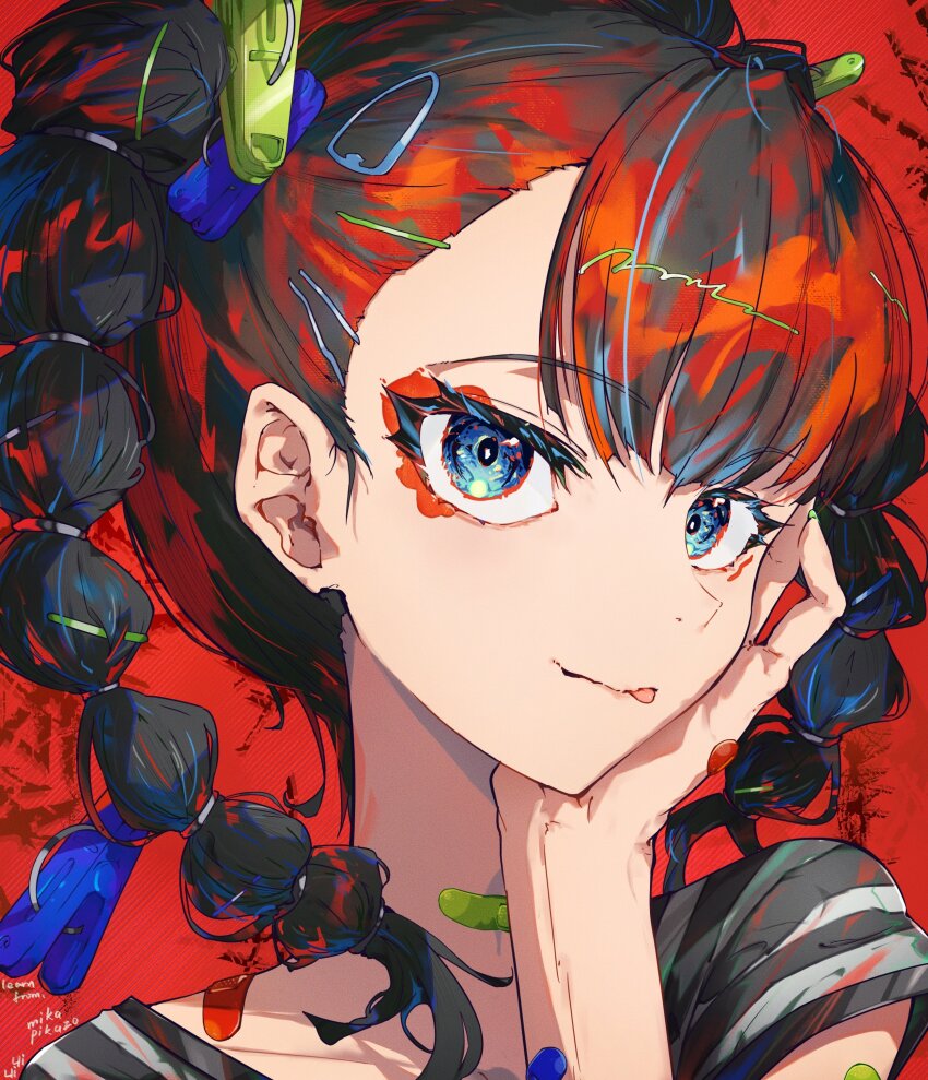 1girl absurdres bandaid bandaid_on_neck hair_ornament hairclip highres mika_pikazo_(style) red_background solo tongue tongue_out twintails