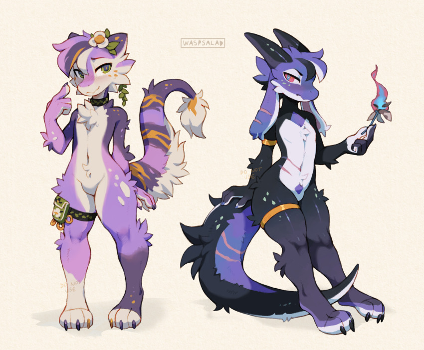 2boys animal_ears arm_at_side armlet artist_name black_collar black_eyes black_fur black_hair black_horns black_tail blonde_hair blue_eyes blue_fire blush bright_pupils closed_mouth collar colored_sclera commentary english_commentary eyebrows_hidden_by_hair fewer_digits fire flower full_body furry furry_male gold_armlet gold_thighlet green_sclera hair_flower hair_ornament hand_on_own_tail hand_up highres holding holding_flower horns index_finger_raised jewelry kobold looking_at_viewer male_focus multicolored_fur multicolored_hair multicolored_tail multiple_boys navel no_penis orange_pupils original pouch purple_fur purple_hair purple_tail red_sclera scar scar_on_stomach signature simple_background snout standing streaked_hair striped_tail tail tail_raised thigh_pouch thigh_strap thighlet tsurime waspsalad watermark white_background white_flower white_fur white_hair white_pupils