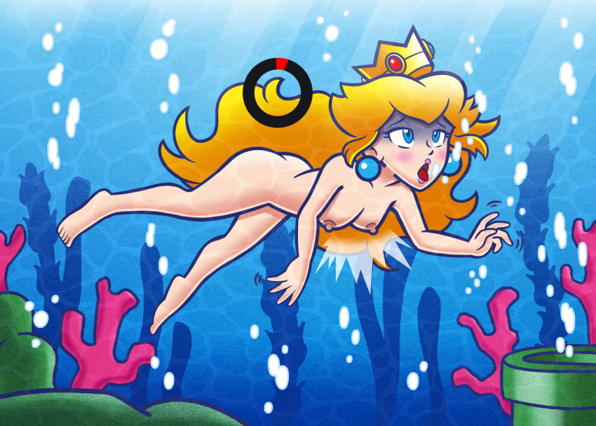 1girl air_bubble asphyxiation ass bare_legs barefoot blue_eyes breasts bubble butt_crack coral crown drowning dying earrings feet game_over half-closed_eyes imminent_death jewelry lips mario_(series) nintendo nipples nude open_mouth princess princess_peach super_mario_bros._1 toes tongue tongue_out underwater warp_pipe