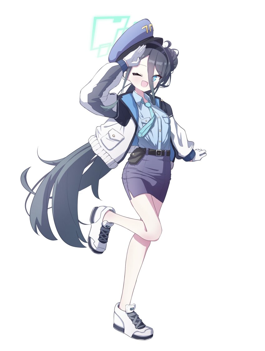 1girl 525_woiwo absurdres alternate_costume aqua_halo aris_(blue_archive) belt black_belt black_hair blue_archive blue_eyes blue_hat blue_shirt blue_skirt collared_shirt full_body gloves green_necktie halo hat highres jacket long_hair necktie one_eye_closed one_side_up open_clothes open_jacket open_mouth pencil_skirt police police_uniform policewoman rectangular_halo revision salute shirt shoes simple_background skirt smile solo very_long_hair white_background white_gloves white_jacket white_shoes