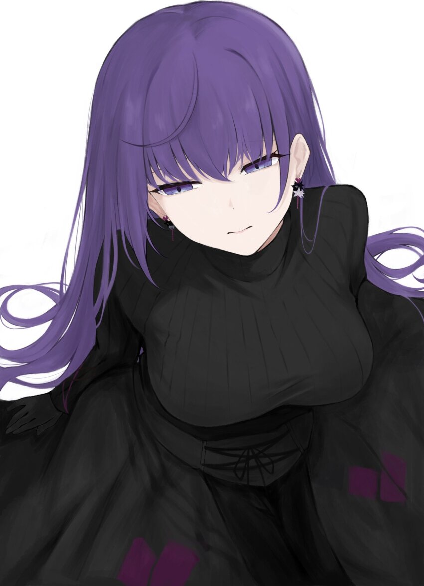 1girl a_dayo00 asahina_mafuyu black_dress black_gloves breasts closed_mouth dress earrings from_above gloves highres jewelry large_breasts long_hair long_sleeves looking_at_viewer project_sekai purple_eyes purple_hair simple_background solo sweater white_background