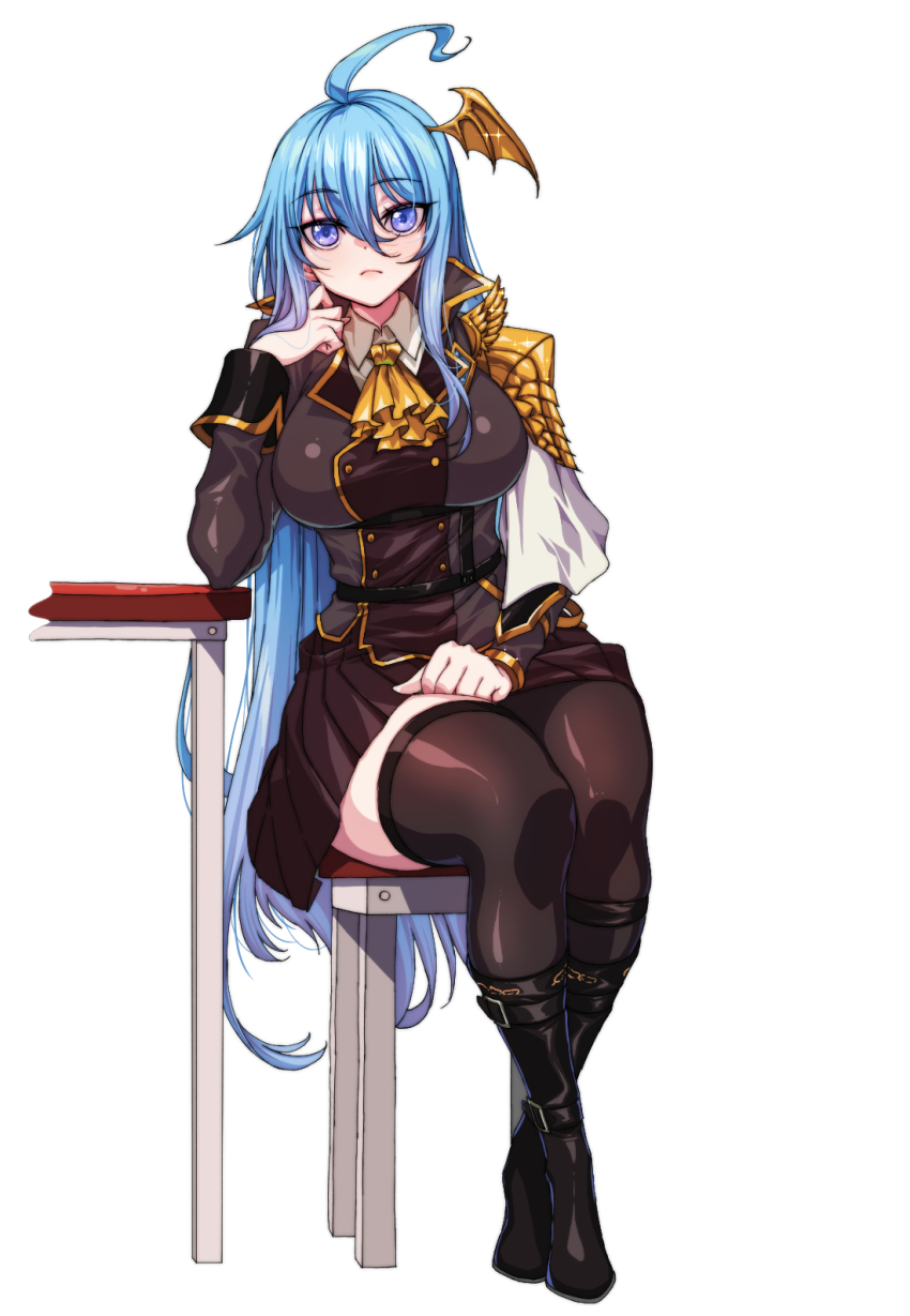 1girl :&lt; ahoge boots chair closed_mouth commission commissioner_upload douluo_dalu full_body glint gradient_hair hair_ornament half_capelet hand_on_lap highres long_hair long_sleeves multicolored_hair pixiv_commission rantia sitting solo table thighhighs uniform wang_qiu_er_(douluo_dalu) wing_hair_ornament wrist_cuffs