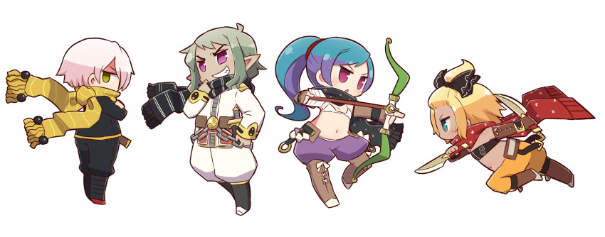 2boys 2girls 7th_dragon 7th_dragon_(series) :o arrow_(projectile) bandeau bikini bikini_top_only black_bandeau black_bow black_footwear black_jacket black_pants black_scarf blonde_hair blue_eyes blue_hair boots bow bow_(weapon) brown_footwear closed_mouth dagger dark_skin dual_wielding eustis_(7th_dragon) fringe_trim green_eyes green_hair grin hair_bow hatch_(7th_dragon) highres holding holding_arrow holding_bow_(weapon) holding_dagger holding_knife holding_weapon jacket knee_boots knife melk_(7th_dragon) multicolored_hair multiple_boys multiple_girls naga_u navel orange_pants pants parted_lips pointy_ears ponytail profile puffy_pants purple_eyes purple_hair purple_pants red_scarf rogue_(7th_dragon) scarf simple_background smile striped_clothes striped_scarf swimsuit two-tone_hair v-shaped_eyebrows vertical-striped_clothes vertical-striped_scarf weapon white_background white_bikini white_jacket white_pants yac_(7th_dragon) yellow_scarf