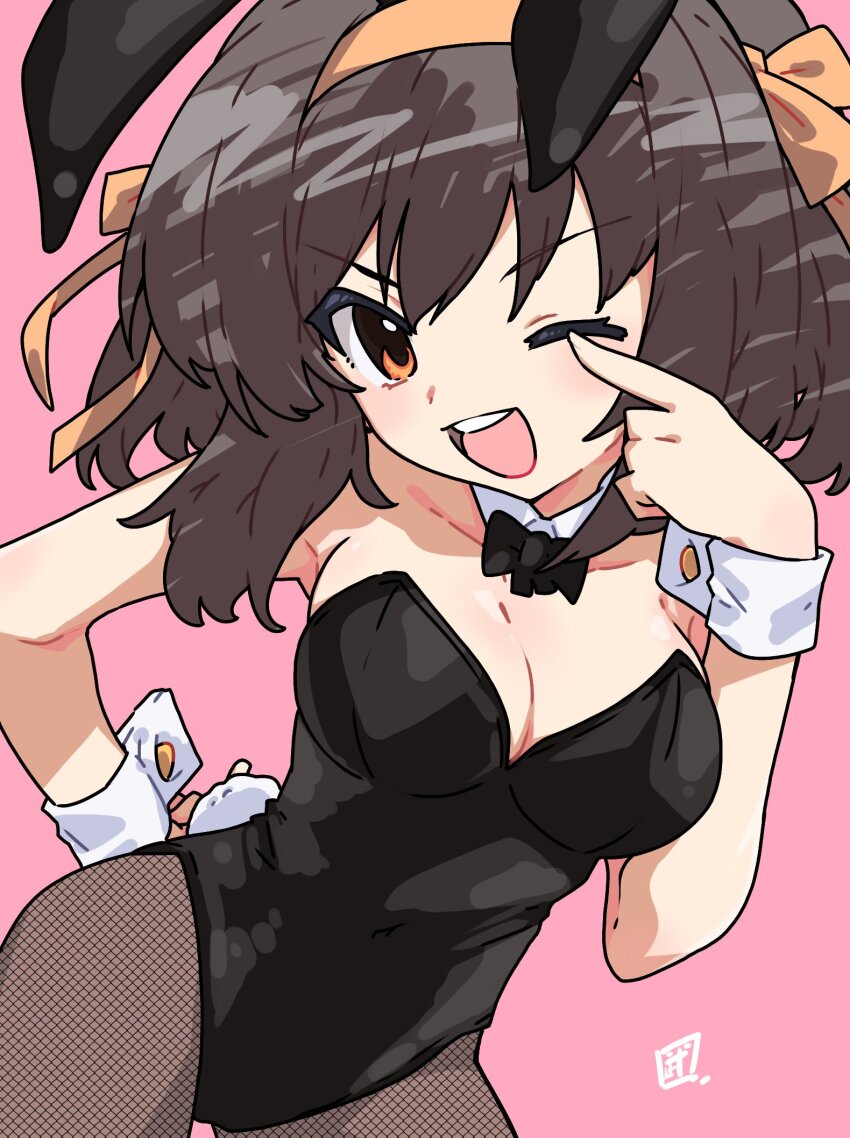 1girl ;d animal_ears black_leotard breasts brown_eyes brown_hair cleavage commentary_request covered_navel fake_animal_ears fishnet_pantyhose fishnets hairband hand_on_own_hip highres large_breasts leotard looking_at_viewer medium_hair official_alternate_costume one_eye_closed open_mouth pantyhose pink_background playboy_bunny rabbit_ears ribbon simple_background smile solo suzumiya_haruhi suzumiya_haruhi_no_yuuutsu take_shinobu teeth tongue upper_teeth_only white_wrist_cuffs wrist_cuffs yellow_hairband yellow_ribbon