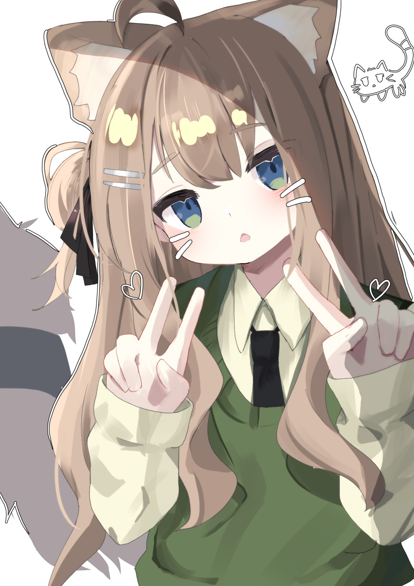 1girl absurdres ahoge animal_ear_fluff animal_ears animal_print bad_anatomy bad_hands black_necktie black_ribbon blue_eyes blush brown_hair cat_print chestnut_mouth collared_shirt double_v fake_whiskers green_eyes hair_bun hair_ornament hair_ribbon hairclip hands_up head_tilt heart highres kipfel_(vrchat) long_hair long_sleeves looking_at_viewer mochiyama_kingyo necktie open_mouth ribbon rina_719 shadow shirt simple_background sleeves_past_wrists solo sweater sweater_vest tail triangle_mouth upper_body v vrchat whiskers white_background white_shirt