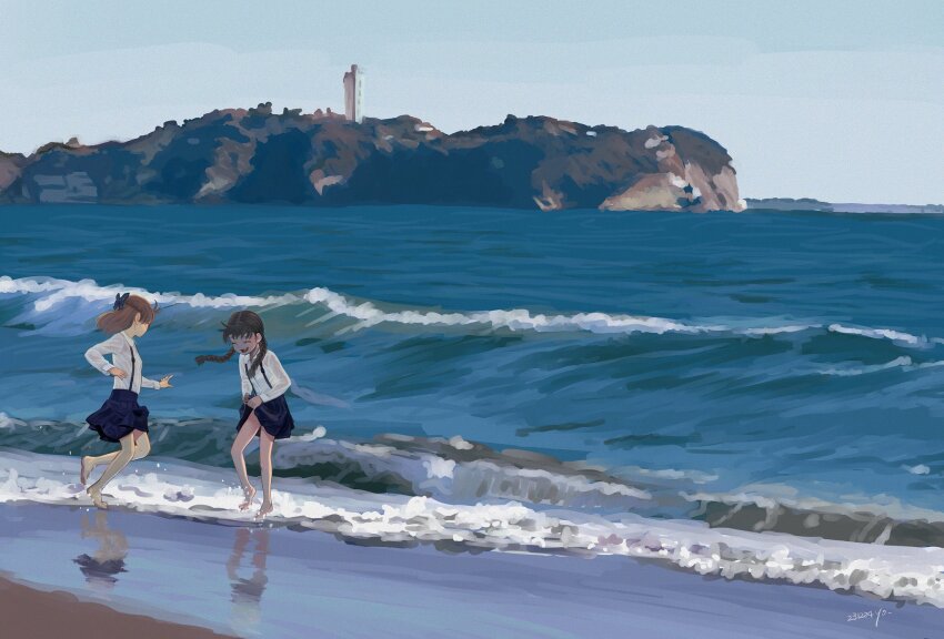 2girls :d barefoot beach black_hair blue_skirt bow braid brown_hair closed_eyes dated hair_bow half_up_braid highres hirasawa_you long_sleeves multiple_girls ocean open_mouth original outdoors shirt skirt smile suspender_skirt suspenders twin_braids water waves wet wet_clothes wet_shirt white_shirt wide_shot
