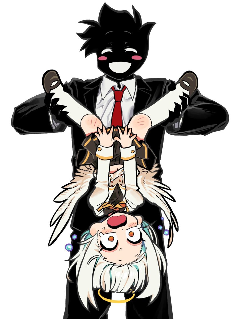 1boy 1girl angel black_skin black_skirt black_suit blue_hair carrying carrying_person colored_inner_hair colored_skin commentary_request constricted_pupils cowboy_shot crying crying_with_eyes_open feathered_wings formal_clothes halo highres jacket juliet_sleeves kakke666 korean_commentary long_sleeves low_wings multicolored_hair orange_eyes original puffy_sleeves simple_background skirt skirt_tug solo suit tears thighhighs upside-down white_background white_hair white_jacket white_thighhighs white_wings wings