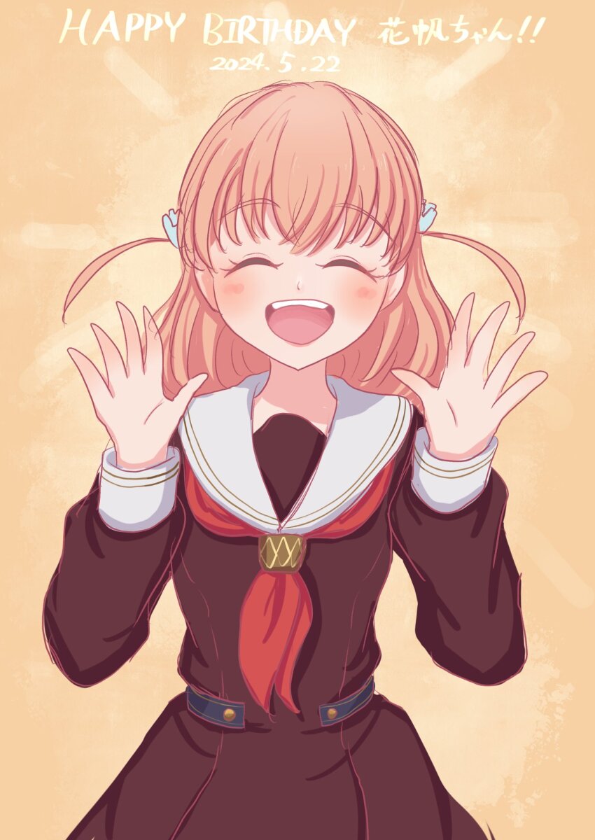 1girl ^_^ blush brown_dress character_name closed_eyes commentary_request cowboy_shot crossed_bangs dated dress glowing_lines hair_ornament hands_up happy_birthday hasu_no_sora_school_uniform highres hinoshita_kaho link!_like!_love_live! long_sleeves love_live! medium_hair neckerchief open_hands open_mouth orange_background orange_hair rabbit_hair_ornament red_neckerchief sailor_collar sailor_dress school_uniform seiha_(hnumkt) smile solo teeth two_side_up upper_teeth_only virtual_youtuber white_sailor_collar winter_uniform