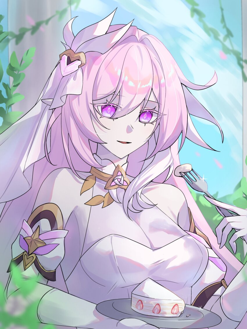 1girl absurdres blue_sky breasts cake cake_slice commentary corset diamond-shaped_pupils diamond_(shape) elysia_(herrscher_of_human:_ego)_(honkai_impact) elysia_(honkai_impact) english_commentary food fork gloves highres holding holding_fork holding_plate honkai_(series) honkai_impact_3rd large_breasts long_hair mmaayyooccaatt parted_lips pink_hair plate purple_hair see-through_cleavage see-through_clothes sky solo symbol-shaped_pupils triquetra upper_body veil very_long_hair white_corset white_gloves white_veil