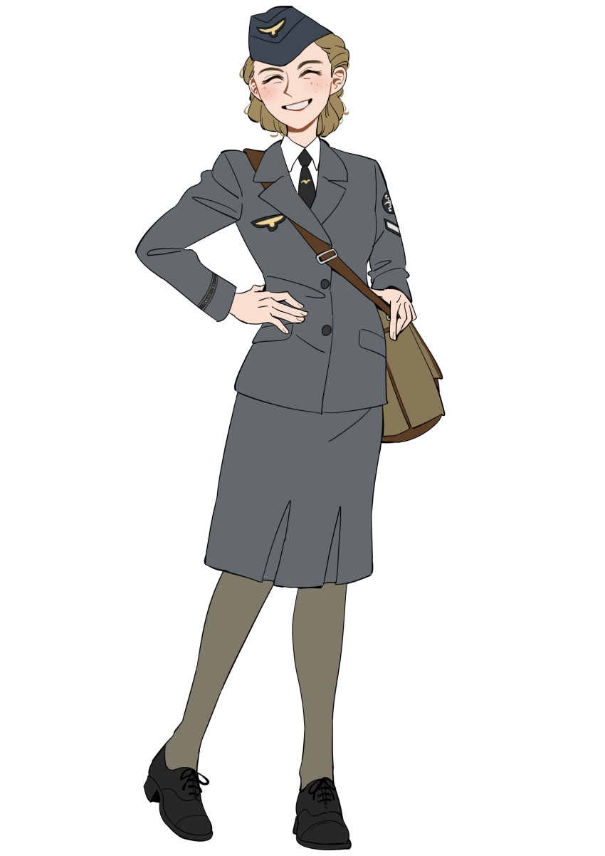 1girl absurdres bag closed_eyes freckles garrison_cap germany grey_jacket grey_skirt hand_on_own_hip hat highres jacket luftwaffe military military_uniform necktie original pantyhose remora25 satchel shirt skirt smile standing wehrmacht white_shirt world_war_ii