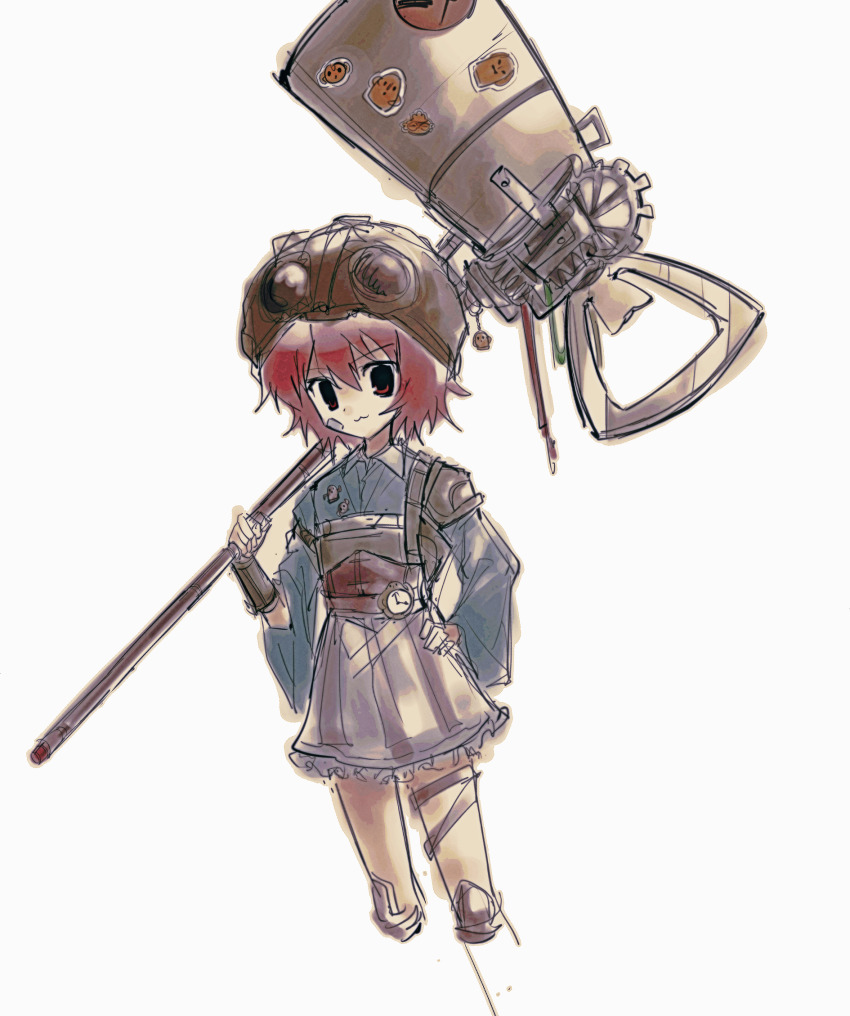 1other :3 adapted_costume androgynous atoymk bandage_on_face bandages blue_shirt brown_helmet closed_mouth collared_shirt frilled_skirt frills goggles goggles_on_headwear hair_between_eyes hand_on_own_hip helmet highres holding katano_sukune katano_sukune&#039;s_bottle_opener len&#039;en other_focus pleated_skirt red_eyes red_hair shirt short_hair simple_background sketch skirt solo steampunk white_background white_skirt