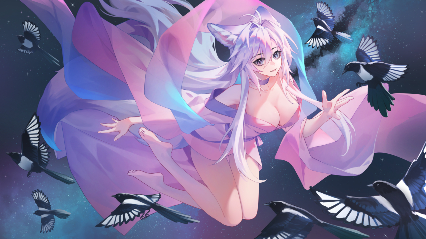 1girl absurdres animal_ears bare_shoulders barefoot bird breasts chinese_clothes chinese_commentary choker cleavage commentary_request eurasian_magpie fang feet flying fox_ears galaxy hair_between_eyes highres large_breasts legs long_hair long_sleeves looking_at_viewer luo_shun_yao magpie meng_xi_xuan milky_way open_mouth original revision soles solo star_(sky) toes white_hair wide_sleeves