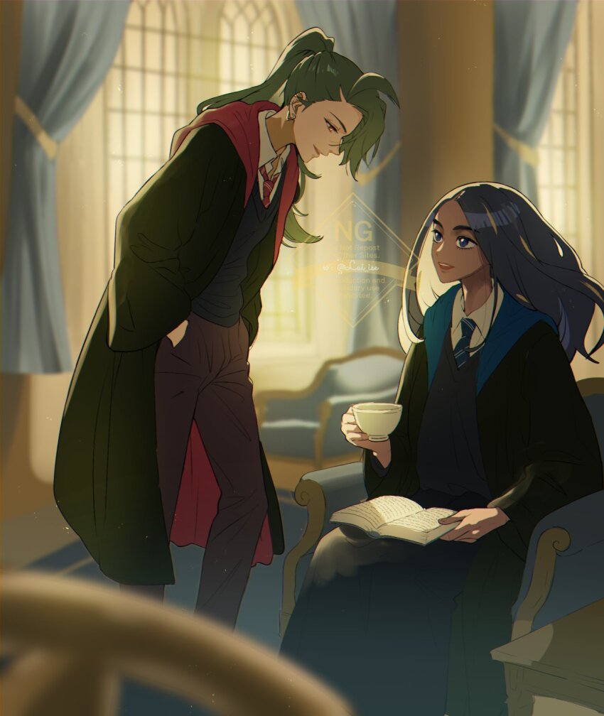 2girls black_hair blue_eyes book chair creatures_(company) cup curtains dark-skinned_female dark_skin day earrings eye_contact game_freak geeta_(pokemon) green_hair gryffindor hands_in_pockets highres hogwarts_school_uniform holding holding_book holding_cup hufflepuff indoors jewelry long_hair looking_at_another lui_ise multiple_girls necktie nintendo open_mouth pants pokemon pokemon_sv red_eyes rika_(pokemon) school_uniform sitting smile standing sunlight teacup teeth upper_teeth_only window wizarding_world