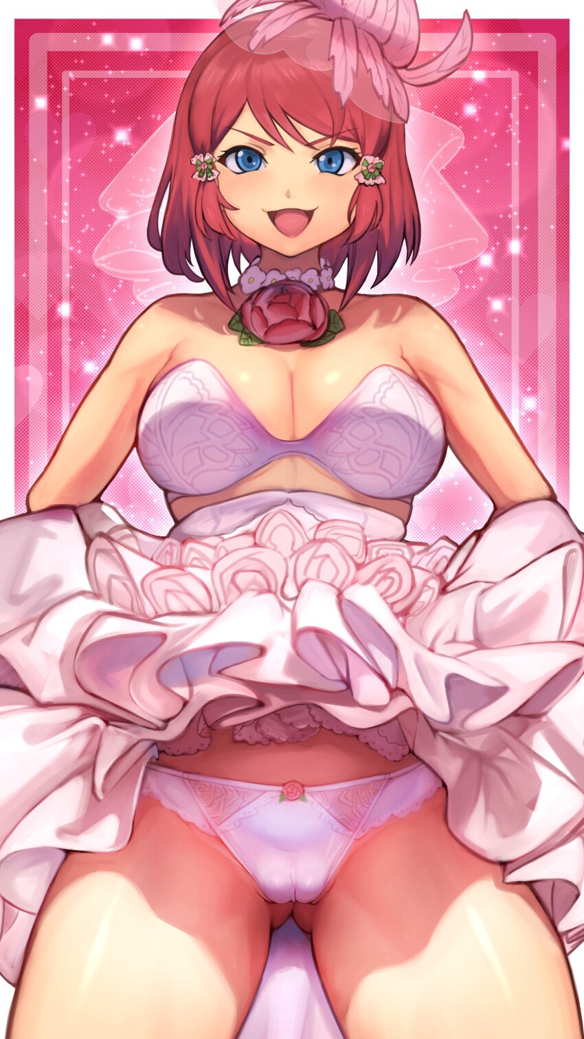 1girl absurdres blue_eyes bra breasts bridal_veil cameltoe cleavage commission dress flashing flower flower_necklace hair_ornament heart heart_background highres jewelry lipstick looking_at_viewer makeup medium_breasts neck_flower necklace official_alternate_costume panties pulling_own_clothes r123 red_flower red_hair red_lips red_rose rose rose_(tales) rose_(wedding)_(tales) short_hair smile solo sparkle_background tales_of_(series) tales_of_asteria tales_of_link tales_of_zestiria underwear veil white_bra white_dress white_panties