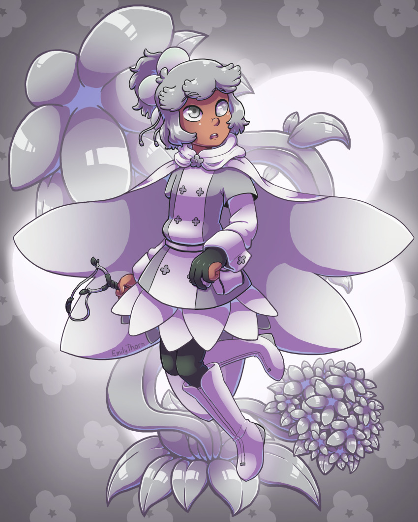 1girl absurdres artist_name bad_id bad_tumblr_id black_gloves boots cape dark-skinned_female dark_skin emily_thorn flower full_body gloves grey_background grey_cape grey_eyes grey_hair hair_ornament highres knee_boots looking_to_the_side partially_fingerless_gloves sleepless_domain slingshot_(weapon) solo standing standing_on_one_leg white_boots zoe_bletcher