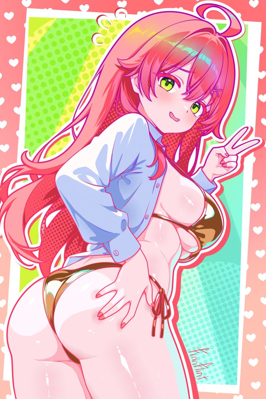 1girl ahoge alternate_costume artist_name bikini breasts collared_shirt commentary cowboy_shot dress_shirt finn_flint gold_bikini green_eyes hand_on_own_ass highres hololive large_breasts long_hair long_sleeves looking_at_viewer looking_back nervous_smile open_clothes open_mouth open_shirt pink_hair sakura_miko shirt sideboob smile solo swimsuit underboob v virtual_youtuber white_shirt