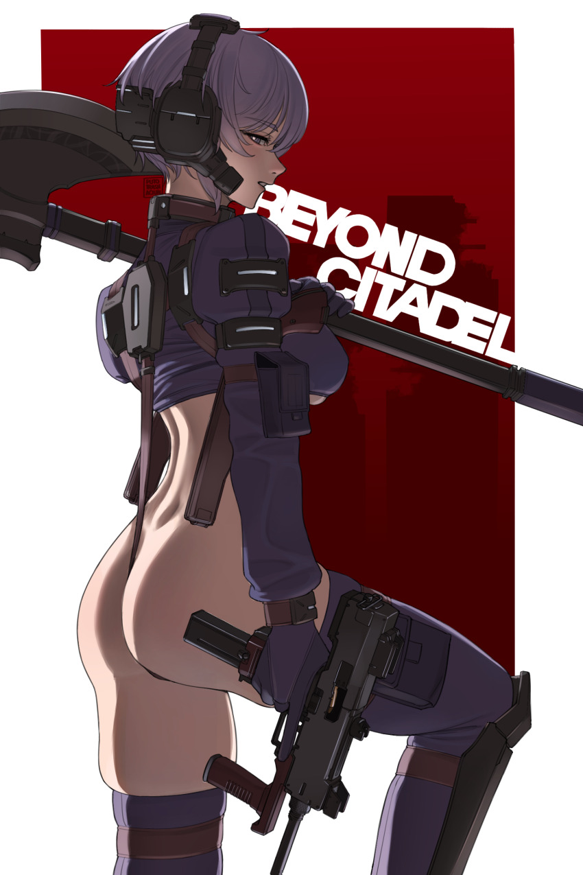 1girl 9x19mm_parabellum absurdres ammunition artist_name ass asymmetrical_dual_wielding axe beyond_citadel border breasts bright_pupils bullet cowboy_shot cropped_jacket dual_wielding english_text gun halberd half-closed_eyes handgun_cartridge headset highres holding holding_axe holding_gun holding_weapon holster knee_up long_sleeves looking_at_viewer looking_to_the_side martyr_(the_citadel) medium_breasts minebea_pm-9 outside_border parted_lips pistol_cartridge polearm pouch purple_eyes purple_hair purple_thighhighs puto_trash red_background revealing_clothes ringed_eyes short_hair shoulder_holster skindentation sleeve_pouch solo submachine_gun teeth the_citadel thigh_pouch thighhighs thong underboob weapon white_background white_border white_pupils