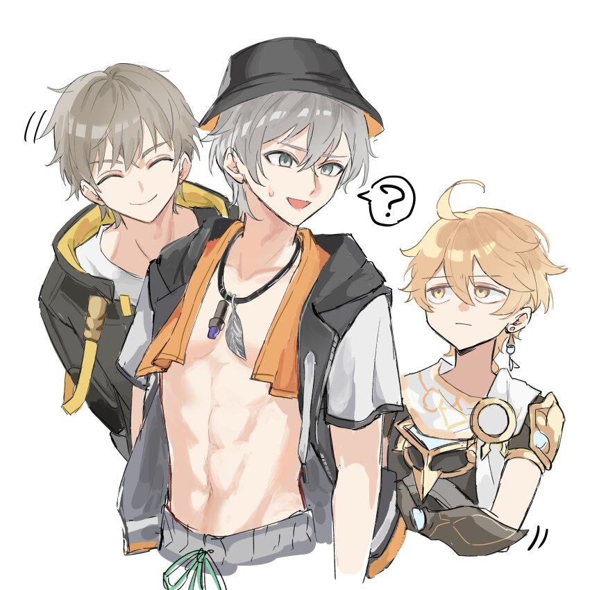 3boys abs absurdres aether_(genshin_impact) black_hat bucket_hat caelus_(honkai:_star_rail) fish_hat genshin_impact grey_hair grey_shorts hat highres honkai:_star_rail honkai_(series) male_focus multiple_boys navel nihon_no_hentai shorts simple_background trailblazer_(honkai:_star_rail) upper_body white_background wise_(peaceful_waves)_(zenless_zone_zero) wise_(zenless_zone_zero) zenless_zone_zero