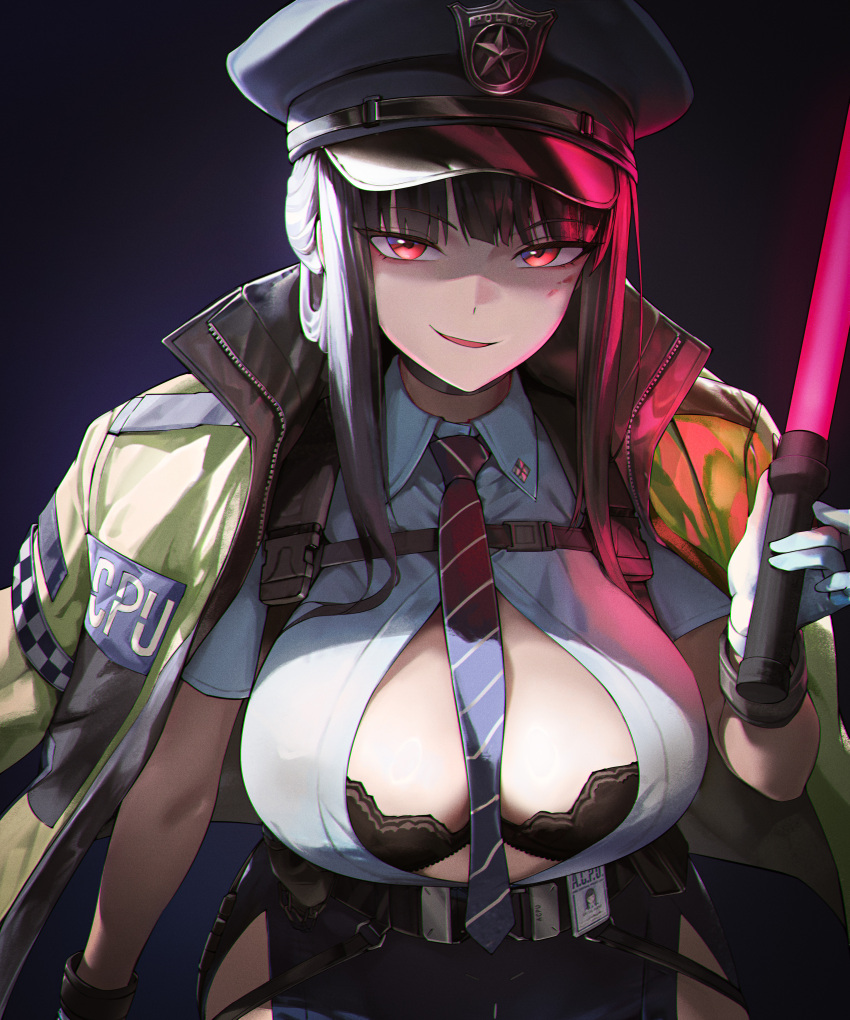 1girl absurdres belt between_breasts black_background black_belt black_bra black_hair black_skirt blue_necktie blush bra breasts chest_belt commentary d_(nikke) elias2art english_commentary gloves glowstick goddess_of_victory:_nikke hat highres holding holding_glowstick jacket jacket_on_shoulders large_breasts long_hair looking_at_viewer necktie necktie_between_breasts partially_unbuttoned pencil_skirt police_hat red_eyes shirt short_sleeves simple_background skirt smile solo underwear white_gloves white_shirt