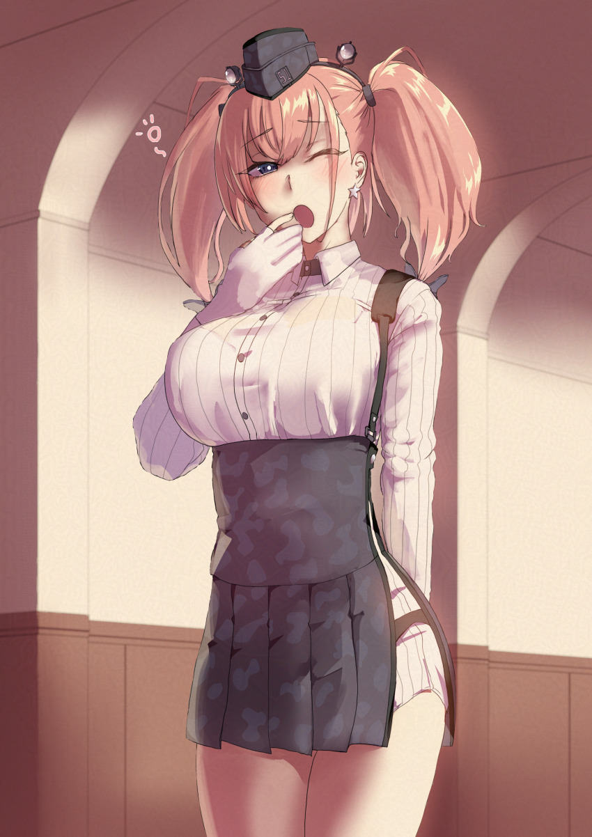 1girl ;o absurdres anchor_hair_ornament atlanta_(kancolle) black_hat bra_visible_through_clothes breasts brown_hair dress_shirt earrings garrison_cap gloves grey_eyes hair_ornament hat high-waist_skirt highres indoors jewelry kantai_collection large_breasts long_hair long_sleeves mrdotd one_eye_closed open_mouth partially_fingerless_gloves shirt single_earring skirt solo standing star_(symbol) star_earrings suspender_skirt suspenders two_side_up white_gloves white_shirt yawning