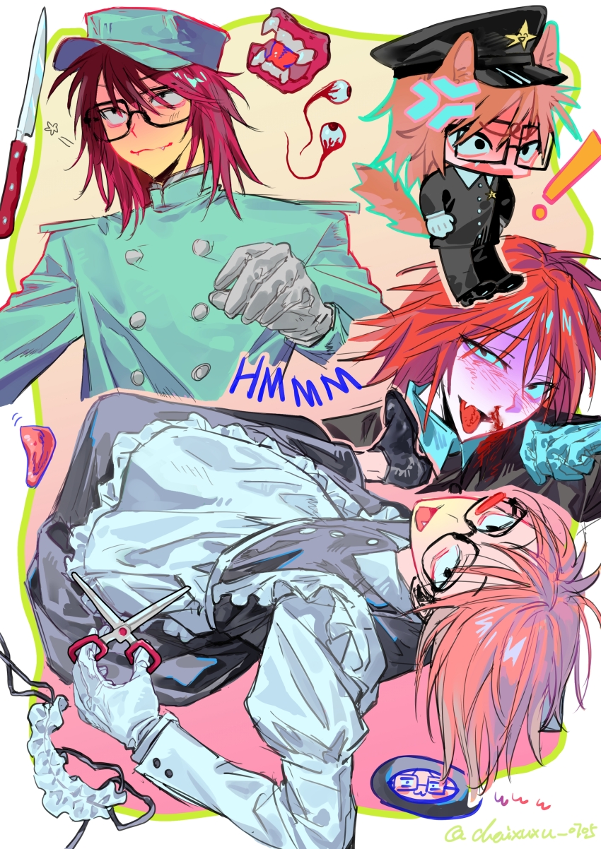 1boy absurdres animal_ears blood brown_hair chaixuxu0705 coat crossdressing dentures dog_boy dog_ears dog_tail dress eyeball glasses gloves gradient_background grey_dress hat highres holding holding_scissors kemonomimi_mode knife maid male_focus medium_hair multiple_views nosebleed peaked_cap pink_background pink_hair randal&#039;s_friends randal_ivory red_hair scissors tail