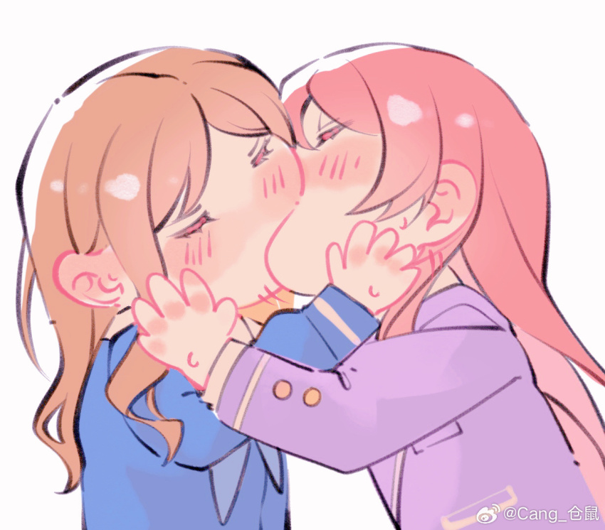 2girls bang_dream! bang_dream!_it&#039;s_mygo!!!!! blue_shirt blush brown_hair cang_(akaga204) chihaya_anon chinese_commentary closed_eyes commentary_request grey_jacket haneoka_school_uniform jacket kiss long_hair long_sleeves meme multiple_girls nagasaki_soyo pink_hair school_uniform shirt sidelocks simple_background tsukinomori_school_uniform upper_body watermark weibo_watermark white_background yoshi_and_toad_kissing_(meme) yuri