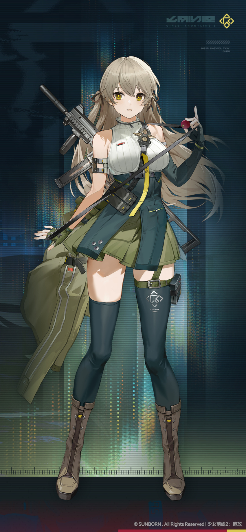 1girl black_gloves black_socks girls&#039;_frontline girls&#039;_frontline_2:_exilium gloves green_eyes green_skirt grey_hair highres long_hair shoes skirt socks solo standing weapon