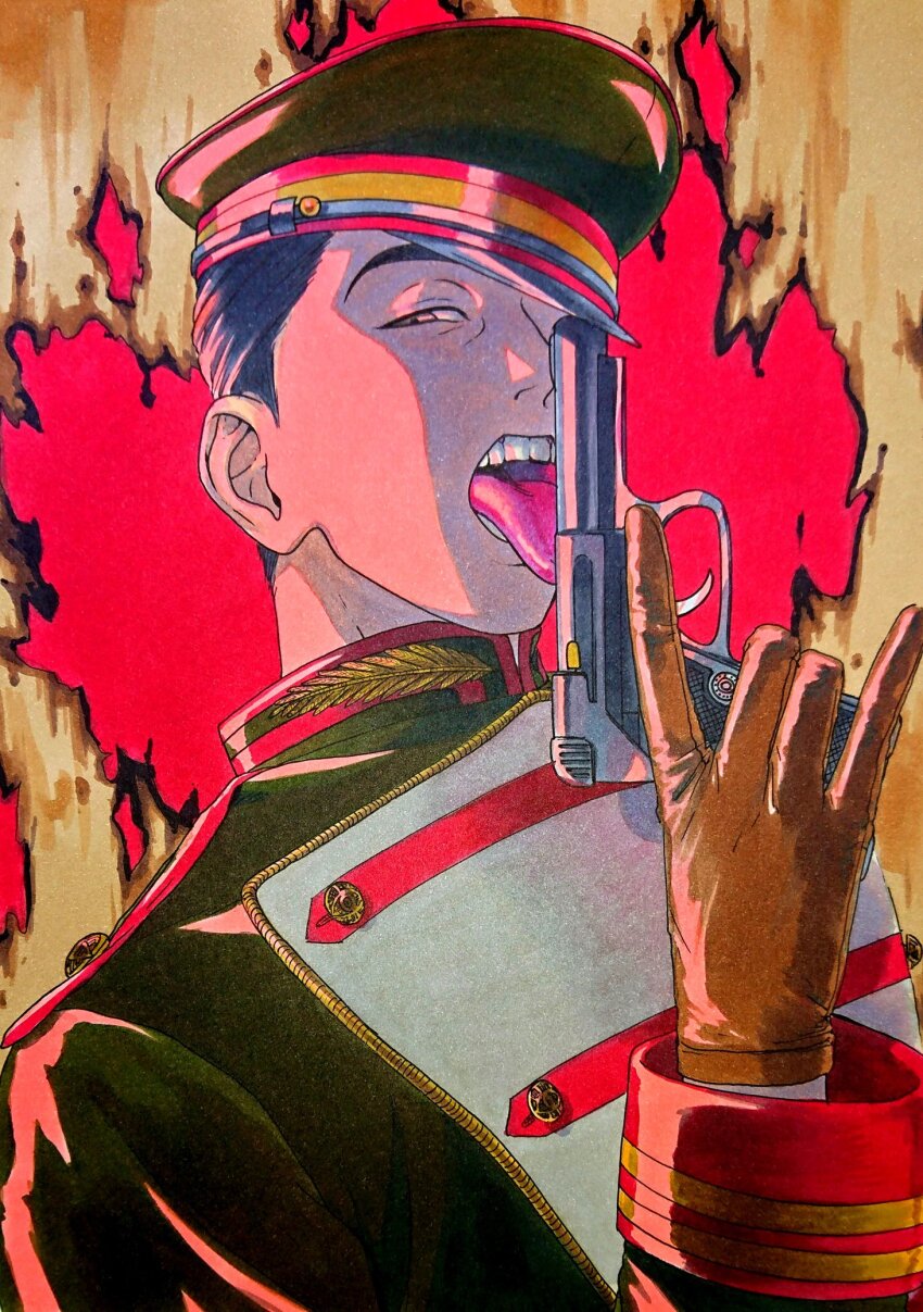 1boy 59awakadoy black_hair black_jacket brown_gloves commentary_request gloves grey_eyes gun handgun hat highres holding holding_gun holding_weapon jacket leather leather_gloves licking licking_weapon long_sleeves looking_at_viewer male_focus military_hat military_jacket military_uniform original short_hair solo teeth tongue tongue_out traditional_media upper_body upper_teeth_only very_short_hair weapon