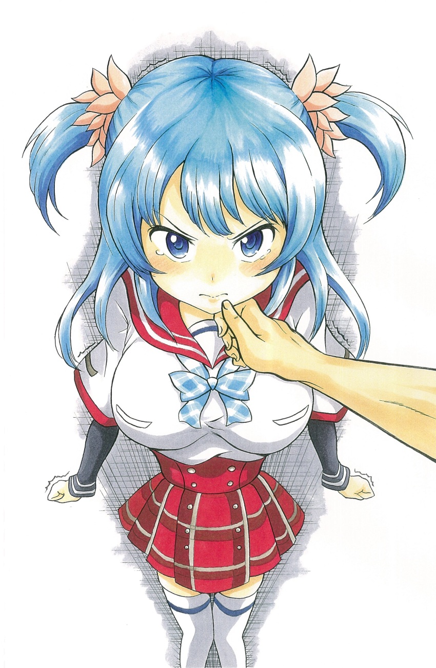 1girl absurdres ajikeneko black_shirt blue_eyes blue_hair blue_ribbon blush breasts closed_mouth commentary_request facing_viewer frown hair_ornament hand_on_another&#039;s_chin highres kamihama_university_affiliated_school_uniform large_breasts long_hair long_sleeves magia_record:_mahou_shoujo_madoka_magica_gaiden mahou_shoujo_madoka_magica minami_rena plaid_clothes plaid_ribbon plaid_skirt red_sailor_collar red_skirt ribbon sailor_collar school_uniform shirt short_sleeves skirt solo_focus tearing_up thighhighs traditional_media two_side_up white_shirt white_thighhighs zettai_ryouiki