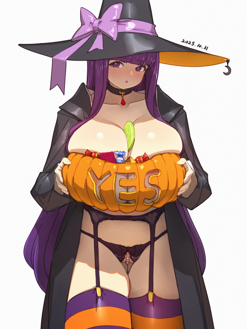 1girl areola_slip between_breasts black_choker black_garter_belt black_panties black_robe black_straps blush bow bow_panties breasts candy candy_wrapper choker collarbone commentary condom condom_wrapper crescent dated english_commentary fern_(sousou_no_frieren) food garter_belt gem gluteal_fold halloween hat hat_bow highres huge_breasts lollipop long_sleeves looking_at_viewer looking_to_the_side medium_hair open_clothes open_mouth open_robe orange_hat orange_thighhighs panties pearl_thong pumpkin purple_bow purple_eyes purple_hair purple_thighhighs qingmingtongzi red_gemstone robe simple_background solo sousou_no_frieren thighhighs thighs two-tone_hat two-tone_thighhighs underwear white_background yes