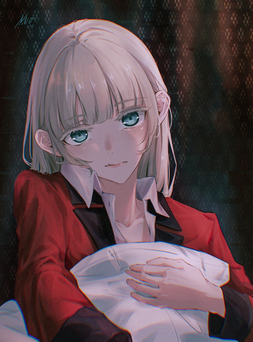 absurdres blazer blue_eyes blush camera formal_clothes highres holding holding_camera hugging_object hyakkaou_academy_school_uniform jacket kakegurui long_hair m10cmdesu momobami_ririka pillow pillow_hug polaroid_photo red_jacket red_suit school_uniform selfie suit white_hair