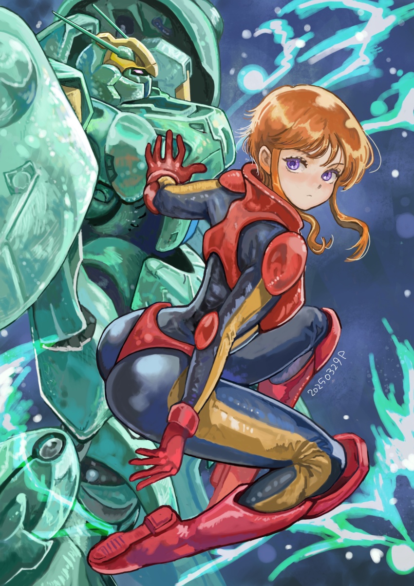 1girl absurdres ass bodysuit brown_hair full_body gundam gundam_zz highres long_hair mecha mecha_pilot_suit mobile_suit normal_suit_(gundam) okrdisk2000 purple_eyes puru_two quin_mantha robot solo