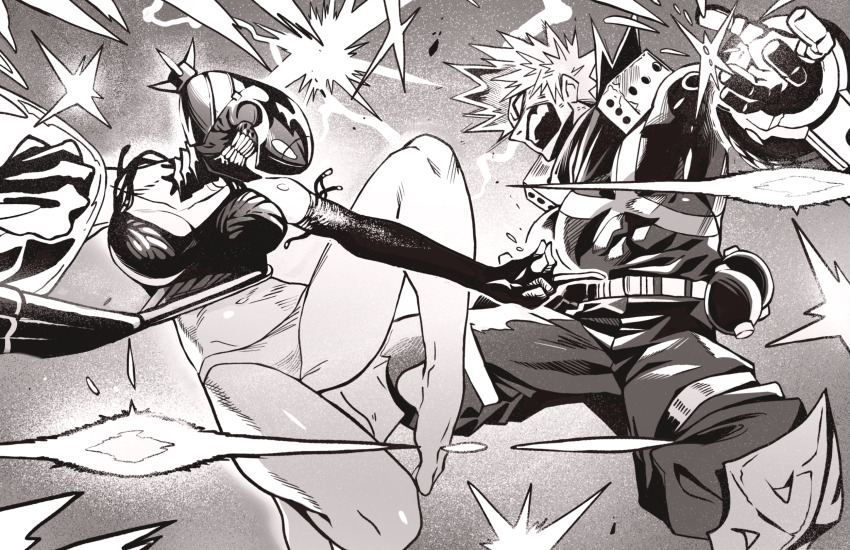 1boy 1girl apron bakugou_katsuki battle boku_no_hero_academia breasts chainsaw_man crossover duel explosion grenade_pin greyscale highres jumpsuit medium_breasts monochrome muscular muscular_male navel object_head open_mouth panties power_connection reze_(chainsaw_man) short_hair spiked_hair sweat teeth underwear vulcan_(ejel2000)