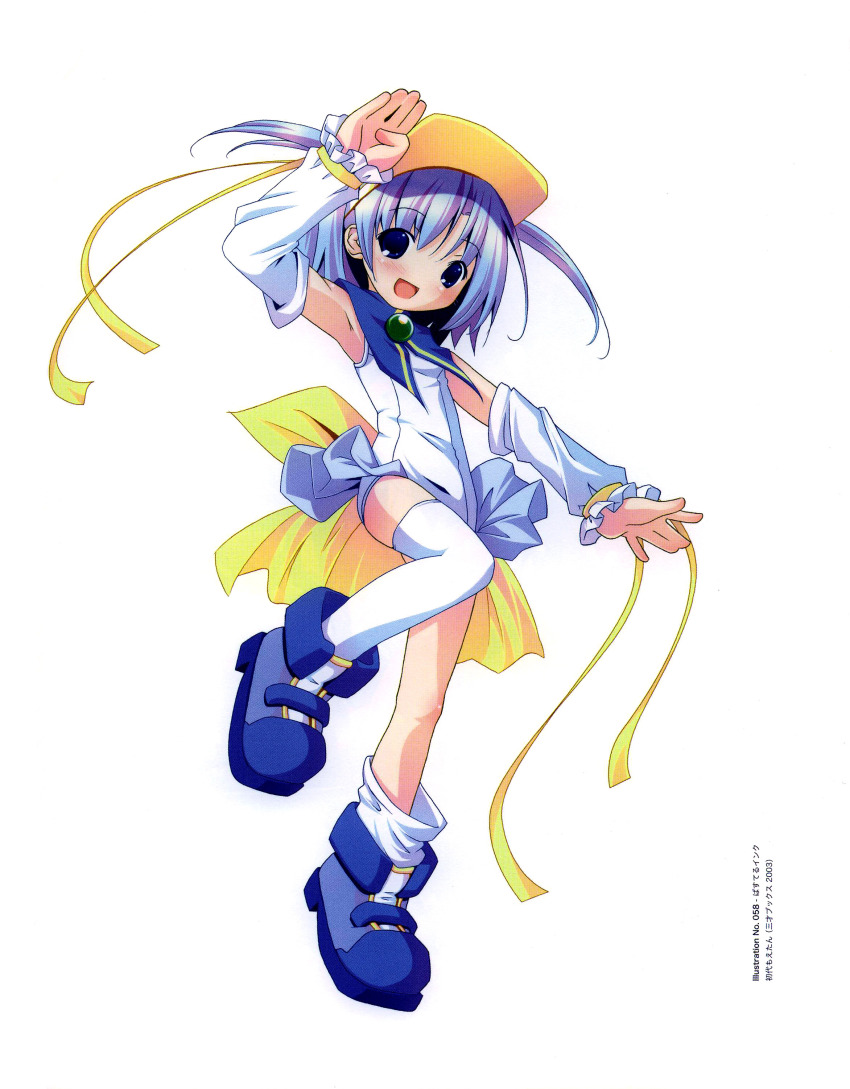 00s absurdres blue_eyes blue_hair cape highres moetan official_art open_mouth pastel_ink pop simple_background smile thighhighs white_background white_legwear