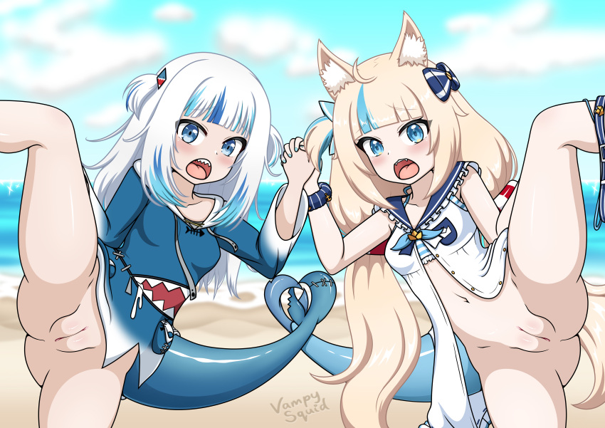 2boys 2girls absurdres animal_ears beach blonde_hair breasts cat_ears cum cum_in_pussy exhibitionism female_focus fins fish fish_girl fish_tail fishgirl gawr_gura group_sex highres hololive hololive_english hololive_myth loli long_hair multiple_boys multiple_girls ocean penis public_indecency public_nudity pussy sameko_saba shark shark_tail sharp_teeth small_breasts tail teeth vampy_squid virtual_youtuber white_hair