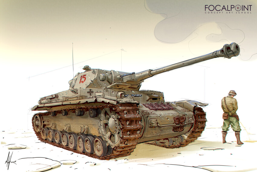 1boy artist_name balkenkreuz cannon caterpillar_tracks combat_helmet cross english_text green_jacket green_pants gun helmet highres jacket machine_gun mg34 michal_kus military_uniform military_vehicle motor_vehicle original pants panzer_iv peeing stahlhelm tank vehicle_focus weapon wehrmacht wheel