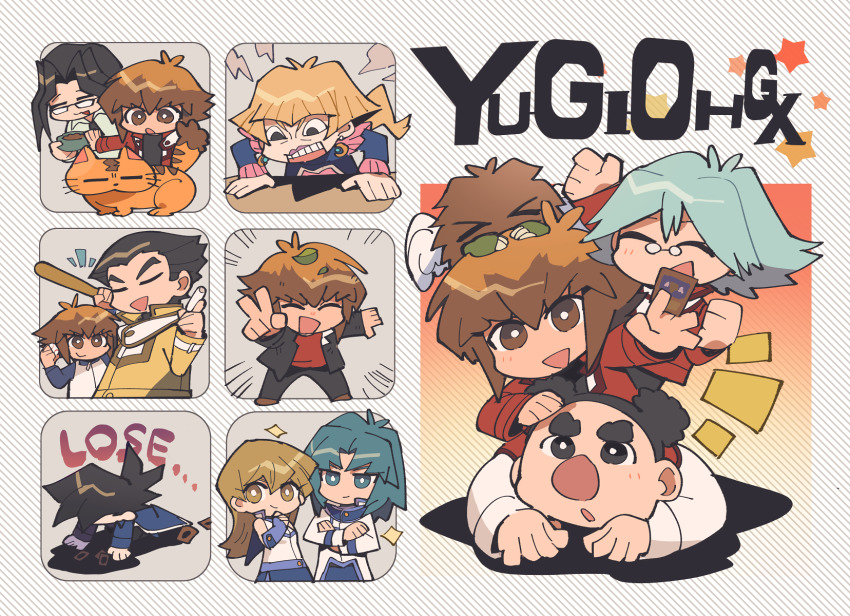 6+boys aoki_(fumomo) baseball baseball_uniform black_coat black_hair black_shirt brown_eyes card chalk chibi coat cronos_de_medici daitokuji duel_academy_uniform_(yu-gi-oh!_gx) grey_eyes hair_between_eyes highres holding holding_card jacket leaf leaf_on_head long_sleeves maeda_hayato male_focus manjoume_jun marufuji_ryo marufuji_sho misawa_daichi multicolored_hair multiple_boys open_clothes pharaoh_(cat) red_jacket shirt short_hair sparkle spiked_hair sportswear steam tenjouin_asuka two-tone_hair v winged_kuriboh yu-gi-oh! yu-gi-oh!_gx yuki_judai