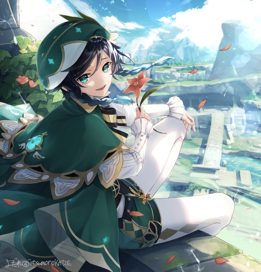 1boy :d absurdres aqua_eyes aqua_hair arch artist_name beret black_bow black_bowtie black_hair blue_sky bow bowtie braid cape capelet cloud cloudy_sky collared_capelet commentary_request dandelion_seed day floating_hair flower frilled_sleeves frills genshin_impact gradient_hair green_cape green_capelet green_hat green_shorts hair_between_eyes hair_flower hair_ornament hat highres holding holding_flower itsumono_katze knee_up lens_flare light_particles long_sleeves looking_at_viewer looking_back male_focus medium_hair moss mountain multicolored_hair open_mouth orange_flower outdoors pantyhose petals ruins scenery shirt short_shorts shorts side_braids signature sitting sky smile solo striped_bow striped_bowtie striped_clothes swept_bangs tree twin_braids venti_(genshin_impact) water white_flower white_pantyhose white_shirt windwheel_aster_(genshin_impact)