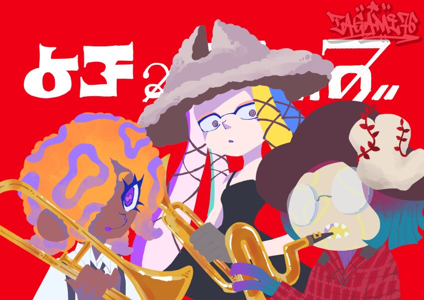 3girls absurdres aqua_hair black_dress black_hat black_suspenders blonde_hair blue_hair collared_shirt dark-skinned_female dark_skin dress glasses grey_hat hat hat_ornament highres holding holding_instrument holding_saxophone holding_trombone holding_trumpet instrument kirisima177 looking_at_viewer multiple_girls nintendo orange_hair patterned_hair plaid_clothes plaid_shirt purple_eyes purple_hair red_shirt round_eyewear saxophone shirt smile splatoon_(series) splatoon_3 tao_blu tentacle_hair tosh_(splatoon) trombone trumpet white_shirt yoko_(splatoon)