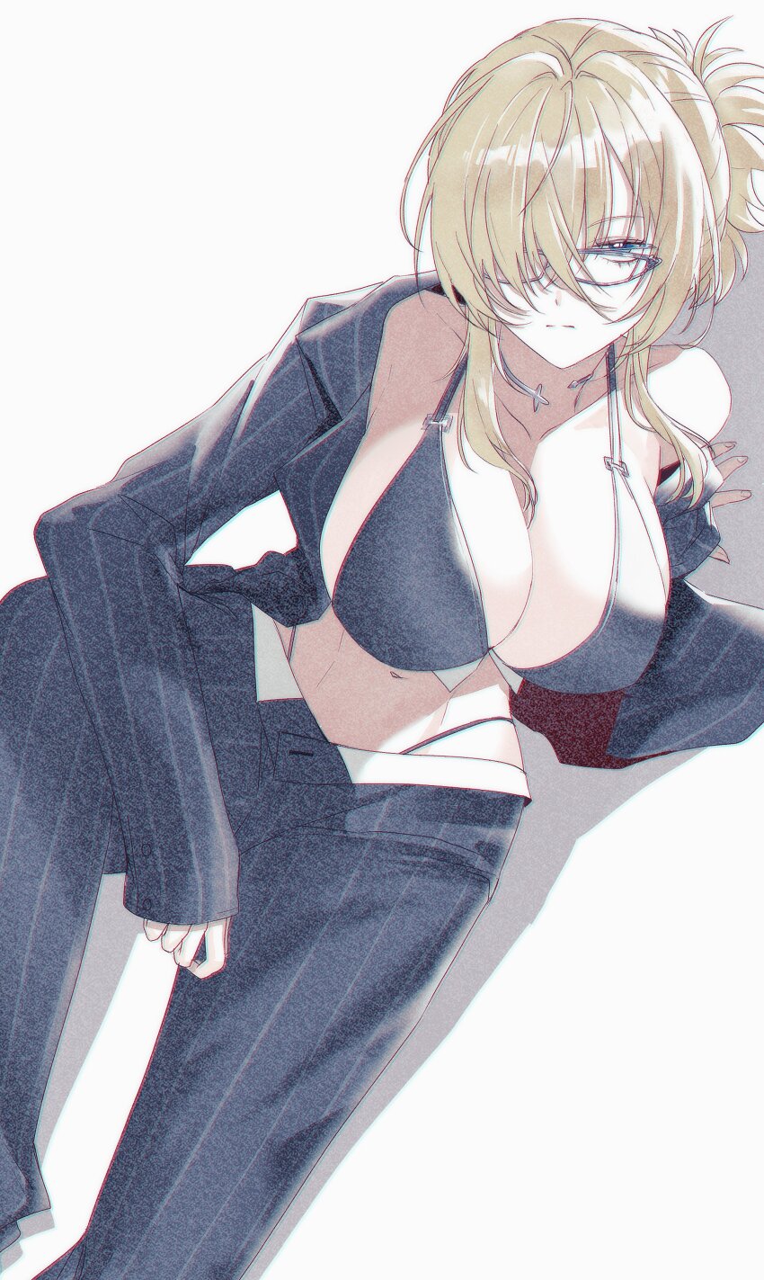 1girl absurdres breasts eungking_(tog2029) goddess_of_victory:_nikke grave_(beautiful_you)_(nikke) grave_(nikke) highres jacket large_breasts long_sleeves navel official_alternate_costume official_alternate_hairstyle pants pinstripe_jacket pinstripe_pants pinstripe_pattern simple_background solo white_background