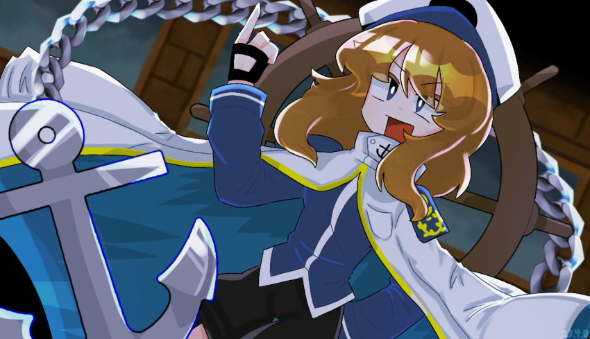 1girl anchor anchor_print arm_up black_gloves black_shorts blue_eyes blue_shirt bright_pupils brown_hair coat coat_on_shoulders colored_eyelashes cowboy_shot dutch_angle fingerless_gloves gloves gold_trim hand_on_own_hip hat kouzui_nua long_hair long_sleeves open_mouth original peaked_cap priswocaer shirt shorts smile solo touhou two-sided_coat two-sided_fabric v-shaped_eyebrows white_coat white_hat white_pupils wonderful_waking_world