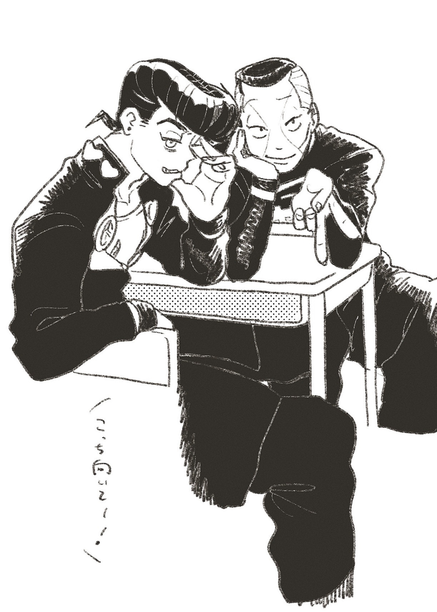 2boys chair desk diamond_wa_kudakenai facial_mark gakuran greyscale halftone hand_on_own_face heart heart_ornament higashikata_josuke highres jacket jojo_no_kimyou_na_bouken looking_at_viewer male_focus monochrome multiple_boys nijimura_okuyasu pants peace_symbol pompadour school_desk school_uniform shirt short_hair sitting sketch smile t_0nd v