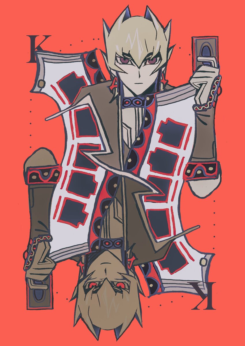 absurdres blonde_hair card card_(medium) card_parody coat duel_disk earrings gloves highres holding holding_card jack_atlas jacket jewelry male_focus shirt short_hair short_hair_with_long_locks spiked_hair studded_choker wwzilch yu-gi-oh! yu-gi-oh!_5d&#039;s