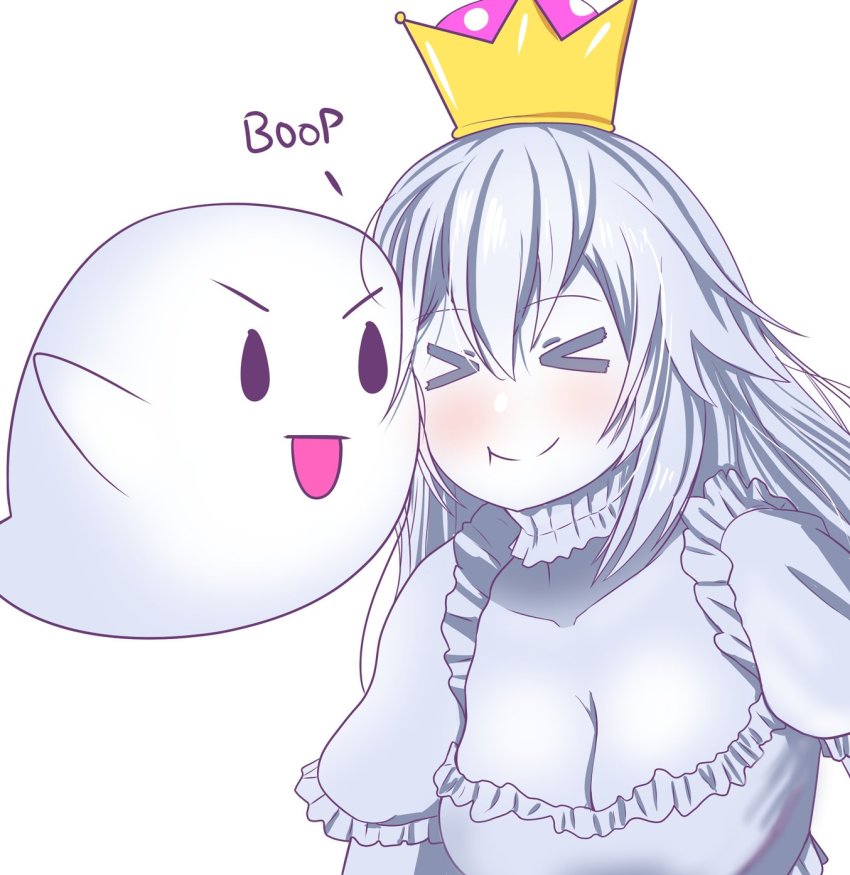 &gt;_&lt; 1girl :d blush boo_(mario) breasts cheek-to-cheek cleavage closed_eyes collarbone colored_skin commentary crown dress english_commentary frills hair_between_eyes heads_together highres large_breasts long_hair luigi&#039;s_mansion mario_(series) new_super_mario_bros._u_deluxe nintendo open_mouth princess_king_boo puffy_short_sleeves puffy_sleeves short_sleeves silver_hair simple_background smile super_crown the_only_shoe upper_body v-shaped_eyebrows white_background white_dress white_skin xt